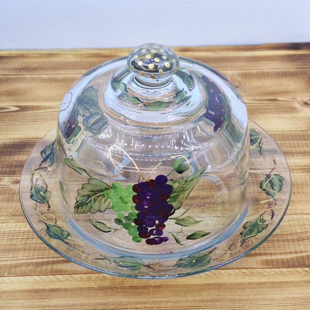 Hand painted Grape Clusters‎ design glass cheese / dessert dome server